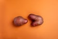 Two non-standard ugly fresh raw potato unusual form lying on orange background. Waste zero food. Top view, copy space