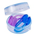 Two nose clips in a plastic container, an accessory for swimming, on a white background Royalty Free Stock Photo