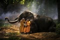 Two novices sitting with elephants in the forest. Elephant and merit a monk`s bowl. elephants and Monk in forest