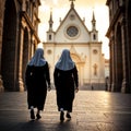Two nuns walking in front of cathedral Royalty Free Stock Photo