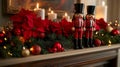 Two Nutcrackers Flanked by Christmas Decorations on a Mantel Royalty Free Stock Photo