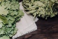 Two oak deciduous brooms for a bath with a towel on a wooden background.