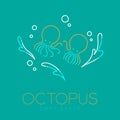 Two Octopus, Water splash and Air bubble logo icon outline stroke set dash line design illustration isolated on green turquoise Royalty Free Stock Photo