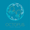 Two Octopus, Water splash circle and Air bubble logo icon outline stroke set dash line design illustration isolated on blue Royalty Free Stock Photo