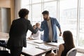 Two office competitors men fighting in arm wrestling battle Royalty Free Stock Photo