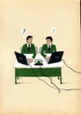 Two office managers at the table with a laptop and a vintage telephone. Illustration on tinted craft paper