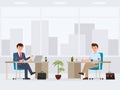 Two office workers at the desks cartoon character. Vector illustration of busy coworkers.