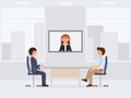 Two office workers sitting at the table cartoon character. Vector illustration of online conference. Royalty Free Stock Photo