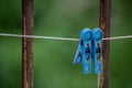 Two old blue clothespins hanging on a rope on balcony in sunny day