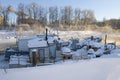 Two old boats in winter parking on February morning. Vytegra, Russia Royalty Free Stock Photo