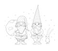 Two old Christmas gnomes and a hare. New Year card