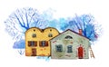 Two old country stone houses with winter trees and color spot on background. Hand drawn cartooon watercolor illustration