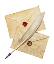 Two old envelopes with red and brown seal wax and feather pen