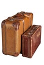 Two old-fashioned scratched brown suitcases - white, isolated Royalty Free Stock Photo