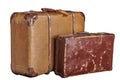 Two old-fashioned scratched brown suitcases - white, isolated Royalty Free Stock Photo