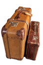 Two old-fashioned scratched brown suitcases - white, isolated Royalty Free Stock Photo