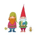 Two old garden gnomes and a bee. Forest elves Royalty Free Stock Photo