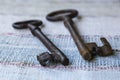 Two old keys on a woven carpet Royalty Free Stock Photo