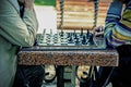 Two old men playing chess. Active retired people, old friends and free time. Active retired people old friends and free Royalty Free Stock Photo