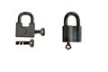 Two old padlocks with keys. Isolated image on white background Royalty Free Stock Photo