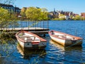 Two old row boats moored on the lake Royalty Free Stock Photo