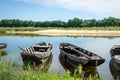 Two old row boats on a still water of Loire river by summer Royalty Free Stock Photo