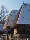 Two old rural houses made of wood in the Village Museum standing in the sun Royalty Free Stock Photo