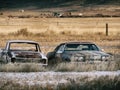 Two old rusty cars sit in a grassy field Royalty Free Stock Photo