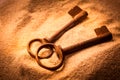 Two old rusty keys in sand