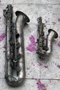 Two old saxophones on stone tiles floor with flower petals