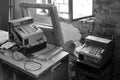 Two old-time cash register in abandoned shop, Black and white photo Royalty Free Stock Photo