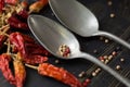 Two old tin spoons with red hot chili cayenne peppers dried, var Royalty Free Stock Photo