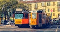 Two old tram line 12 of the company Azienda Trasporti Milanesi