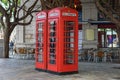 Two old vintage English telephone boths at street of Gibraltar.