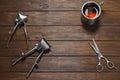 Two Old Vintage Manual Metal Hair Clippers, Scissors And Cup