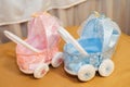 Two old vintage toy strollers -pink, blue- for boy Royalty Free Stock Photo