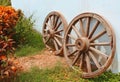 Two old wagon wooden wheels Royalty Free Stock Photo