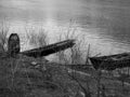 Two old wooden boats moored on the banks of the river. vintage tone Royalty Free Stock Photo