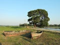 Two old wooden boats on river coast Royalty Free Stock Photo