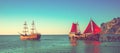 Two old wooden ships on the sea pier