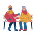 Friendly conversation between two people during the winter time. Isolated vector illustration.