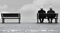 Two older men sitting on benches in solitude Royalty Free Stock Photo