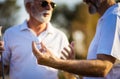 Two older men stand on a golf course and talk. Royalty Free Stock Photo