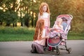 Two older redhead sisters are walking in the park on a sunny summer day with stroller with their younger sister. The girls try to