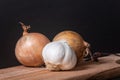 Two onions and a Garlic artistically placed on a serving tray Royalty Free Stock Photo