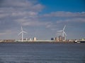 Two onshore wind turbines on the north bank of the River Mersey at Liverpool in the north west of the UK.