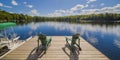 Two Ontario chairs sitting on a wood dock facing a calm lake. Royalty Free Stock Photo