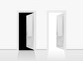 Two open doors on the gray wall background. Royalty Free Stock Photo