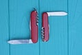 two open folding knives multitools with red handles with gray blades Royalty Free Stock Photo