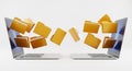 Digital Data Transfer Between Two Laptops with Flying Yellow Folders on White Background file transfer Royalty Free Stock Photo